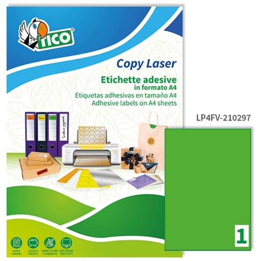 [D53671] Etichetta adesiva LP4F verde fluo 70fg A4 210x297mm (1et/fg) Tico