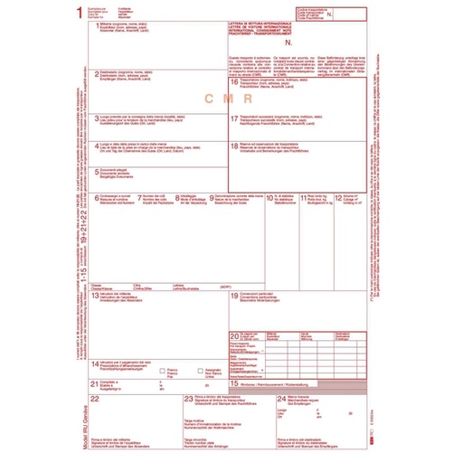 [D55407] MODELLO CMR LETTERA VETTURA INTERNAZ. 5COPIE autoric 12"x24CM 100FG E0052BIS