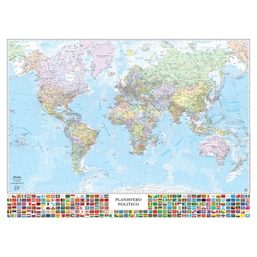 [D57416] CARTA GEOGRAFICA MURALE PLANISFERO C/BANDIERE 132X97CM BELLETTI