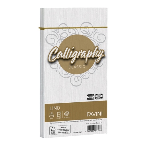 [D57472] 25 buste CALLIGRAPHY LINO 120gr 110x220mm bianco FAVINI
