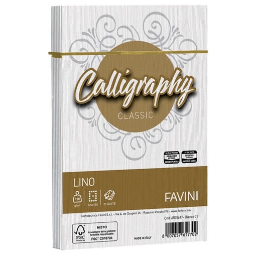 [D57474] 25 buste CALLIGRAPHY LINO 120gr 120x180mm bianco FAVINI