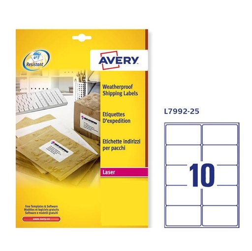 [D57809] Poliestere adesivo L7992 bianco imperm 25fg A4 99,1x57mm (10et/fg) laser Avery