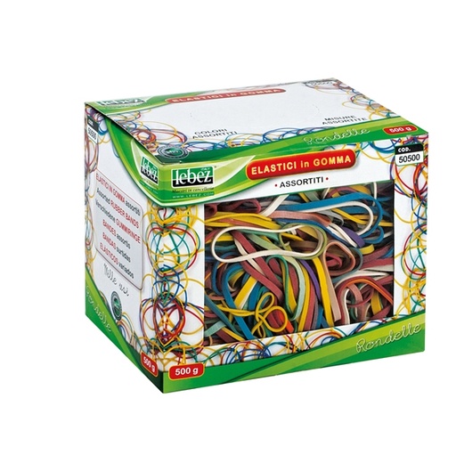 [D57979] ELASTICO IN GOMMA MISURA E COLORI ASSORT. SCATOLA 500G