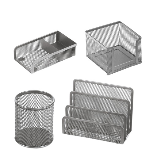 [D58000] Set scrivania 4 accessori in rete metallica argento 1424 LEBEZ