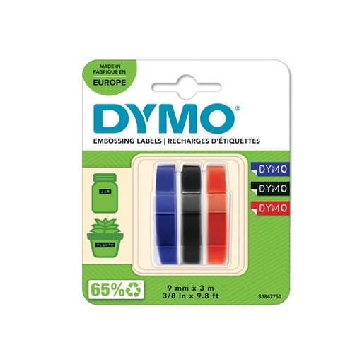 [D58039] BLISTER 3 NASTRI A RILIEVO 9MMX3M ASSORT.(NE-RO-BL) DYMO