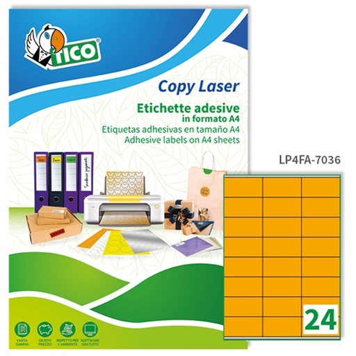 [D58404] Etichetta adesiva LP4F arancio fluo 70fg A4 70x36mm (24et/fg) Tico