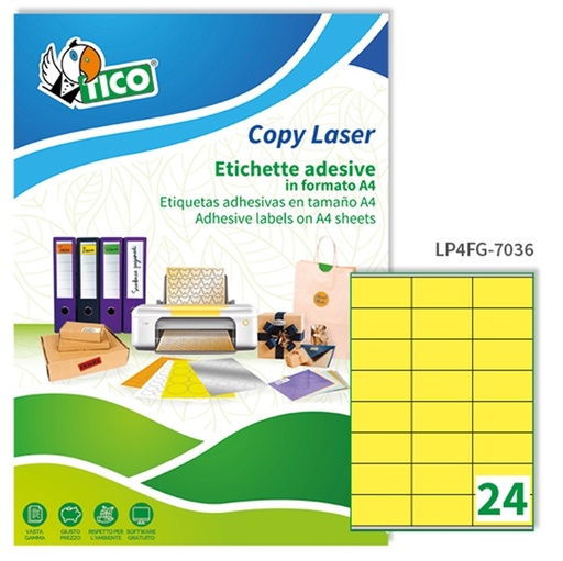 [D58405] Etichetta adesiva LP4F giallo fluo 70fg A4 70x36mm (24et/fg) Tico