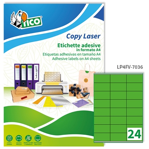 [D58406] Etichetta adesiva LP4F verde fluo 70fg A4 70x36mm (24et/fg) Tico