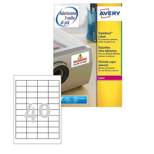 [D58431] Poliestere adesivo extra L6140 bianco 20fg 45,7x25,4mm (40et/fg) laser Avery