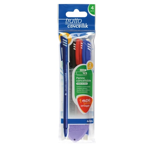 [D58503] Blister 4 penna sfera cancellabile CANCELLIK 1,0mm col.assortiti TRATTO