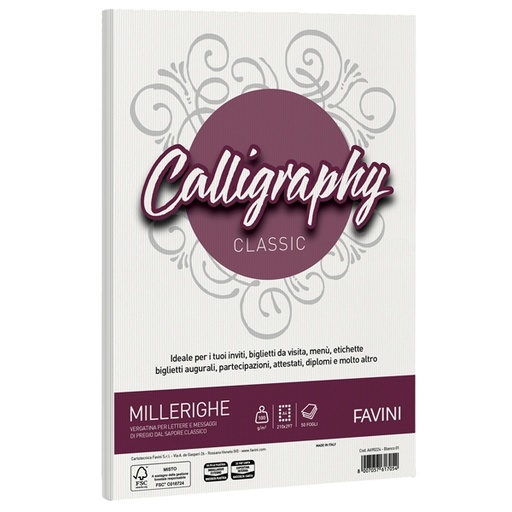 [D61545] Carta CALLIGRAPHY MILLERIGHE 100gr A4 50fg bianco 01 FAVINI