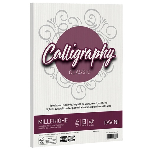 [D61547] Carta CALLIGRAPHY MILLERIGHE 200gr A4 50fg bianco 01 FAVINI