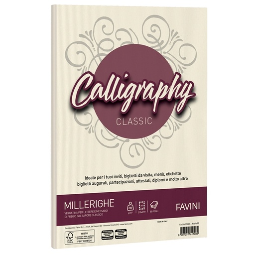 [D61548] Carta CALLIGRAPHY MILLERIGHE 200gr A4 50fg avorio 02 FAVINI