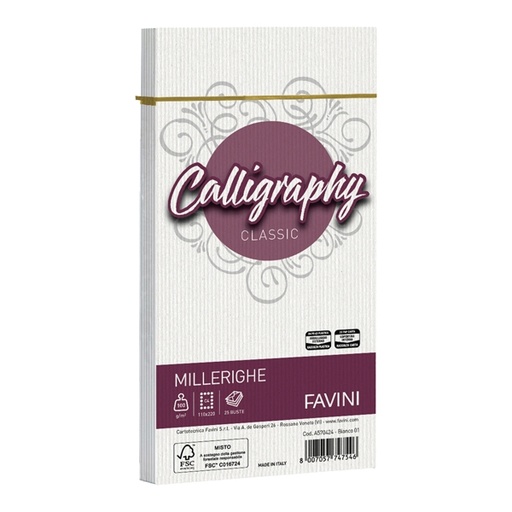 [D61549] 25 BUSTE CALLIGRAPHY MILLERIGHE 110X220MM 100GR 01 BIANCO