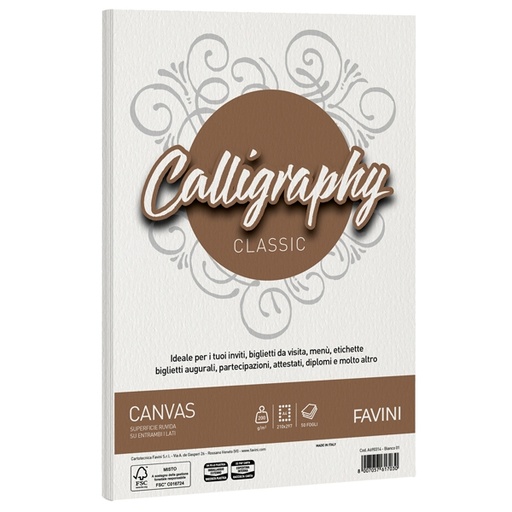 [D61555] Carta CALLIGRAPHY CANVAS 200gr A4 50fg bianco 01 FAVINI