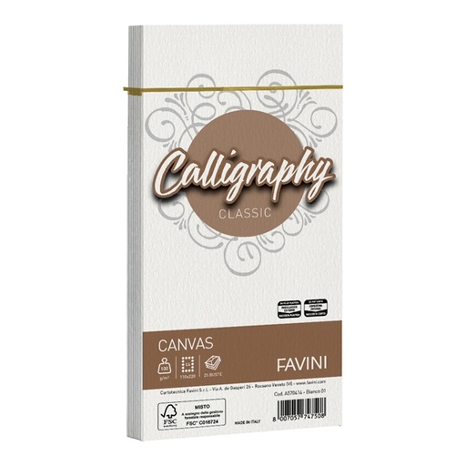 [D61557] 25 BUSTE CALLIGRAPHY CANVAS 110X220MM 100GR 01 BIANCO
