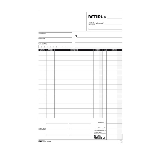 [D61711] BLOCCO FATTURA 1 ALIQUOTA 23X14,8CM 33fg 3 copie AUTORIC. E5273CT