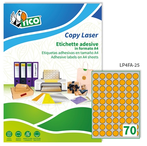 [D61781] Etichetta adesiva arancio fluo 70fg A4 tonda diam.25mm (70et/fg) Tico