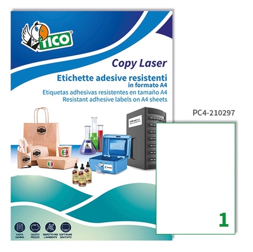 [D61886] Poliestere adesivo PC4 trasparente 100fg A4 210x297mm (1et/fg) laser Tico