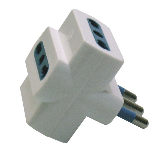 [D62602] ADATTATORE TRIPLO Bianco CON SPINA 2P+T 16A - 3 PRESE BIPASSO 10/16A