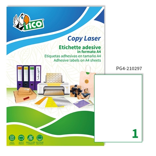 [D63222] Etichetta adesiva PG4 bianca lucida 100fg A4 210x297mm (1et/fg) Tico