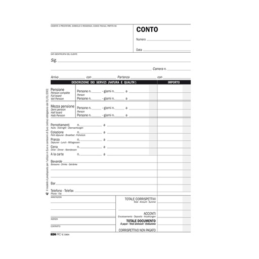 [D64229] BLOCCO CONTO ALBERGO/PENSIONE 7GG 23X15CM 100FG USO MANO E5964