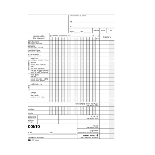 [D64994] BLOCCO CONTO ALBERGO/PENSIONE 15GG 23X15CM 100FG USO MANO E5965