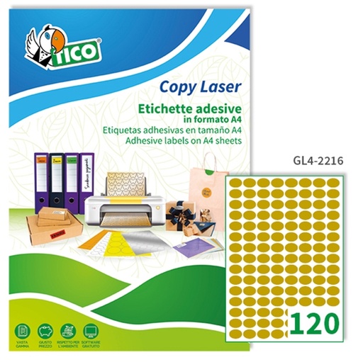 [D65016] Etichetta adesiva GL4 ovale oro satinata 100fg A4 22x16mm (120et/fg) Tico