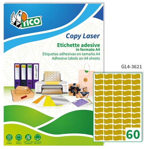 [D65020] Etichetta adesiva GL4 ovale oro satinata 100fg A4 36x21mm (60et/fg) Tico