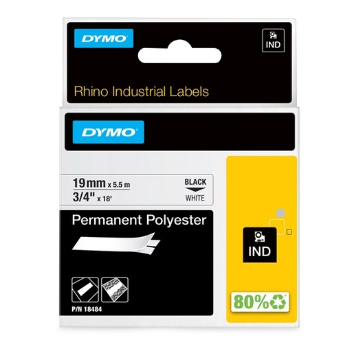 [D66531] NASTRO POLIESTERE PERMANENTE 19mm x 5.5mtnero su bianco 18484 RHINO