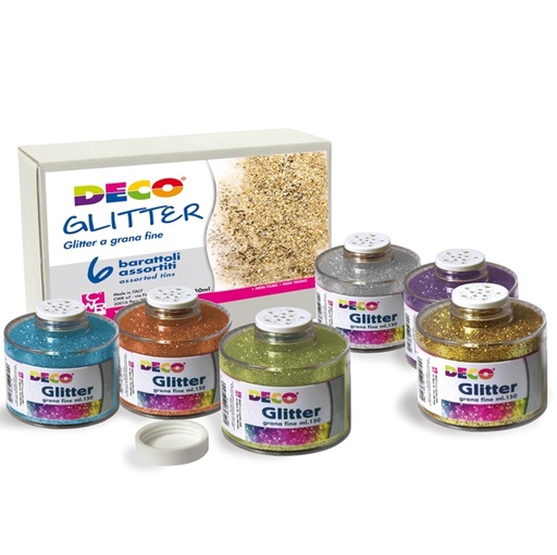 [D67654] BARATTOLI GLITTER GRANA FINE ML150 COLORI ASSORTITI ART 05404 DECO - SET 6 PZ.