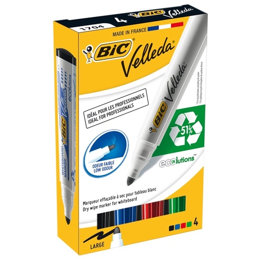[D68065] ASTUCCIO 4 MARCATORI P.TONDA Whiteboard VELLEDA(R) 1701 Recycled BIC(R)