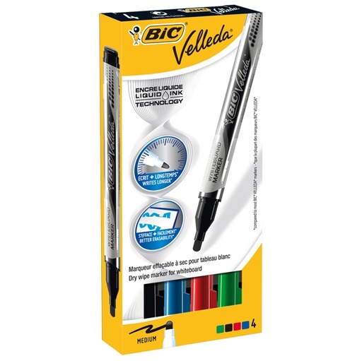 [D68066] ASTUCCIO 4 MARCATORI P.TONDA Whiteboard VELLEDA(R) Liquid Ink Pocket BIC(R)