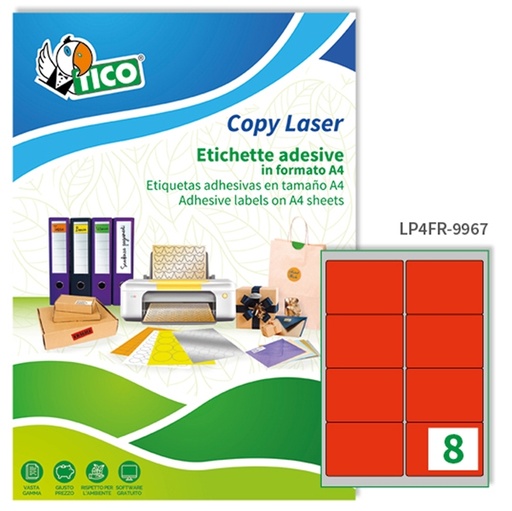 [D68629] Etichetta adesiva LP4F rosso fluo 70fg A4 99,1x67,7mm (8et/fg) Tico