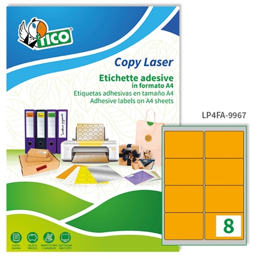 [D68630] Etichetta adesiva LP4F arancio fluo 70fg A4 99,1x67,7mm (8et/fg) Tico