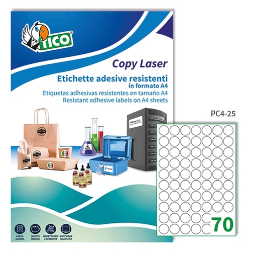 [D68735] Poliestere adesivo PC4 trasparente 100fg A4 diam.25mm (70et/fg) laser Tico