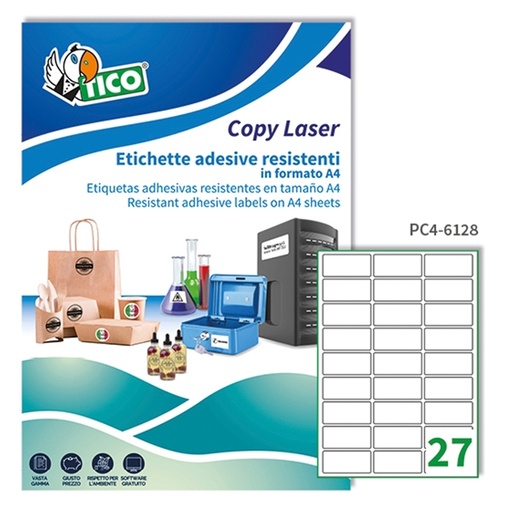 [D68737] Poliestere adesivo PC4 trasparente 100fg A4 61x286mm (27et/fg) laser Tico