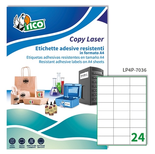 [D68738] Poliestere adesivo LP4P bianco 70fg A4 70x36mm (24et/fg) laser Tico