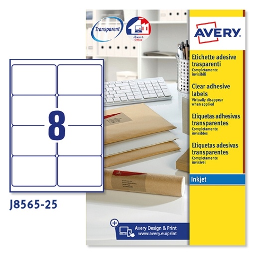 [D70136] Poliestere adesivo J8565 trasparente 25fg A4 99,1x67,7mm (14et/fg) inkjet Avery