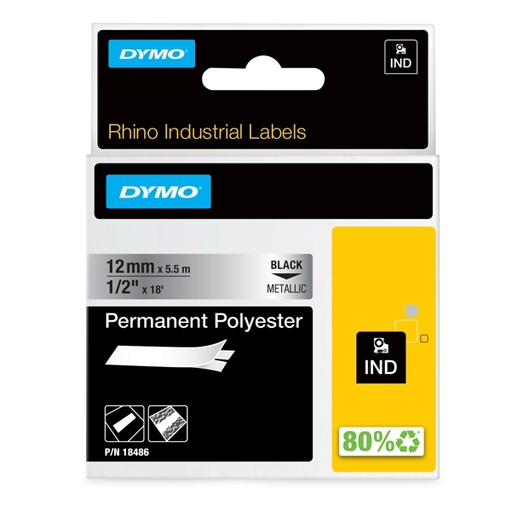 [D72183] NASTRO POLIESTERE PERMANENTE 12mm x 5.5mt nero su metallo 18486 RHINO