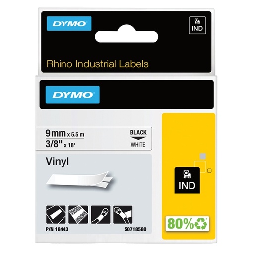 [D72187] NASTRO VINILE 9mm x 5.5mt nero su bianco 18443 RHINO