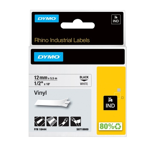 [D72188] NASTRO VINILE 12mm x 5.5mt nero su bianco 18444 RHINO