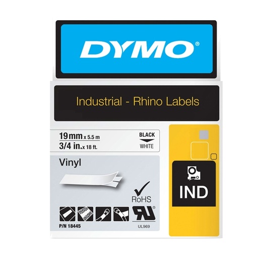 [D72189] NASTRO VINILE 19mm x 5.5mt nero su bianco 18445 RHINO