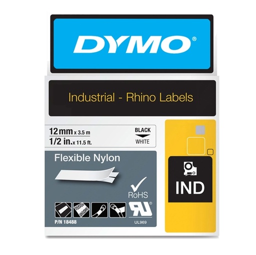 [D72190] NASTRO NYLON FLESSIBILE 12mm x 3.5mt nero su bianco 18488 RHINO