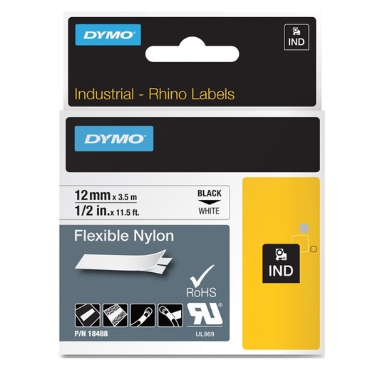 [D72191] NASTRO NYLON FLESSIBILE 19mm x 3.5mt nero su bianco 18489 RHINO