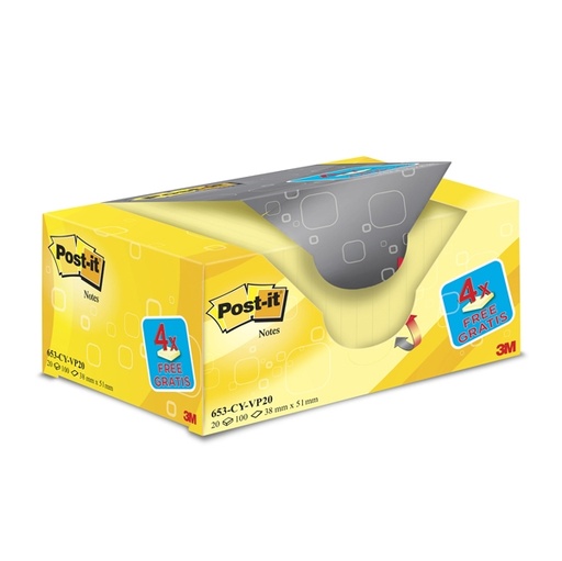 [D73087] VALUE PACK 16+4 BLOCCO 100fg Post-it(R) Giallo Canary™ 38x51mm 72GR 653CY-VP20