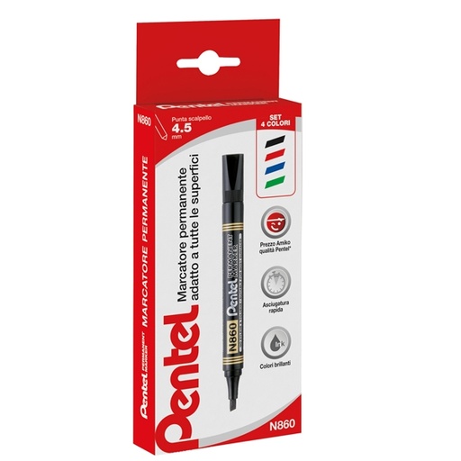 [D73438] ASTUCCIO 4 MARCATORE PERMANENTE N860 PUNTA SCALPELLO AMIKO PENTEL