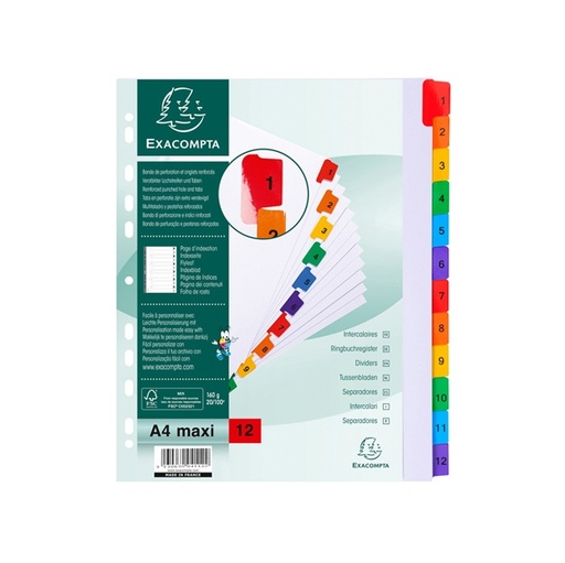 [D74629] SEPARATORE Numerico 1-12/A4 Maxi in CARTONCINO 160gr Exacompta