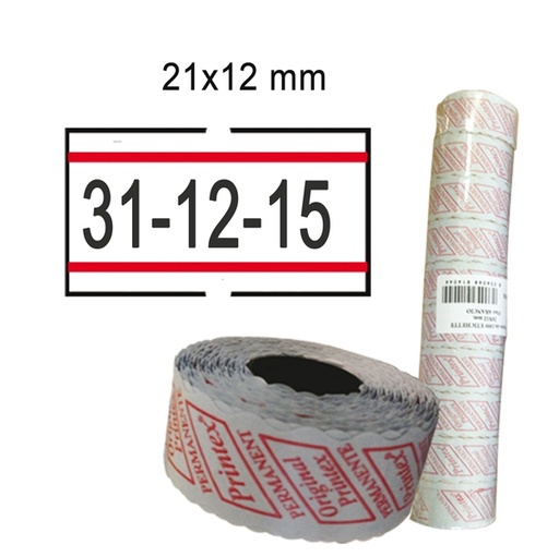[D74890] PACK 10 ROTOLI 1000 ETICH. 21x12mm BIANCO PERM. con RIGHE ROSSE Printex