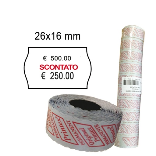 [D74907] PACK 10 ROTOLI 1000 ETICH. 26x16mm ONDA "scontato" BIANCO PERM. Printex